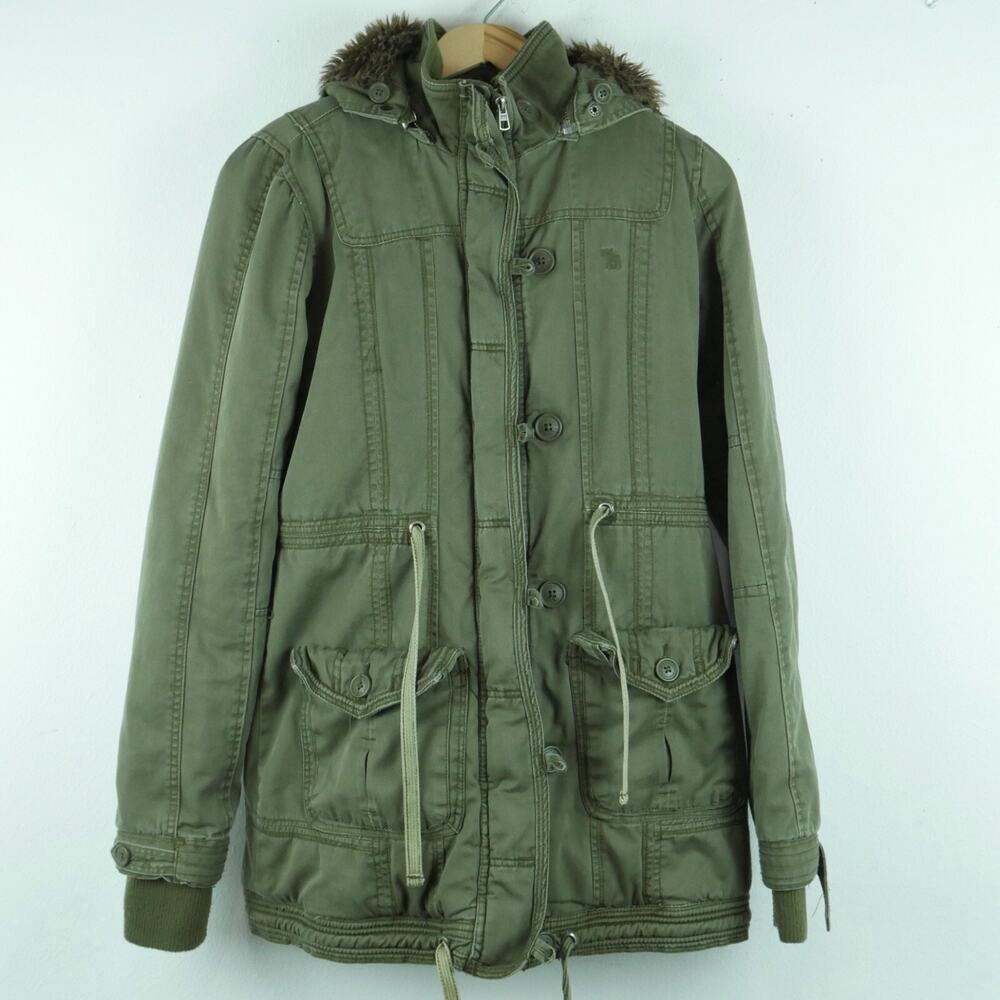 Abercrombie & Fitch Small Parka Fur Lined Y2K Vintage Military Green Distressed
